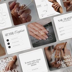 May include: A collage of square graphics in black and white, focusing on nail care and training. The text includes "FAQ", "Nail Course Tips", and "Nail Training Setup". The images also feature manicured hands, providing visual context to the text.