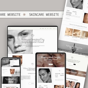 May include: A digital display of a skincare website on a tablet, phone, and laptop. The website features images of faces, skincare products, and text that reads "Skincare Inspired by Simplicity and Ritual" and "Skincare Made Simple, for Every Ritual."