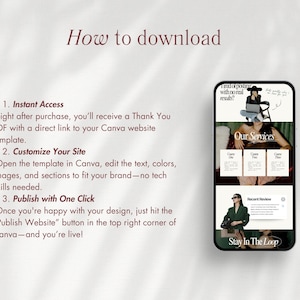 Puede incluir: Una gu&iacute;a de marketing digital titulada "How to download" con instrucciones para usar una plantilla de sitio web de Canva. Un tel&eacute;fono inteligente muestra un dise&ntilde;o de sitio web con el texto "Our Services" y "Stay In The Loop".