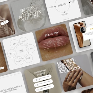 May include: A set of social media graphics for a skincare brand. The graphics feature images of skin, text about skincare, and a checklist for booking an appointment. The text includes the phrases "Skincare isn't just routine, it's self-love", "Glowing skin is the ultimate accessory", and "Beauty is a mindset, not just a mirror reflection."
