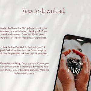 May include: A smartphone displays a dog's face with the text "Pawfeet CARE" and the handle @YOURHANDLE. The image is part of a guide on how to download templates, with instructions on receiving a PDF, following a link, and customizing the templates.