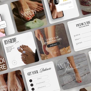 May include: A collection of square images promoting pedicures. The images feature feet with polished toenails, pedicure tools, and text such as "Pedicure Facts and More", "Hygiene Matters", and "Unlock your dream feet with pedicures".
