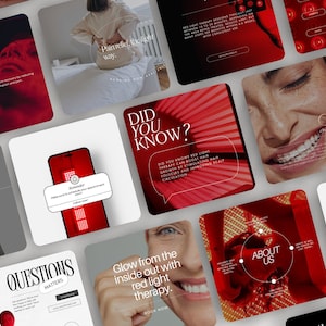 Modelli di post per Instagram sulla terapia con luce rossa, social media per la cura della pelle, terapia di bellezza a LED, modello per trattamenti viso, estetista, post su Canva