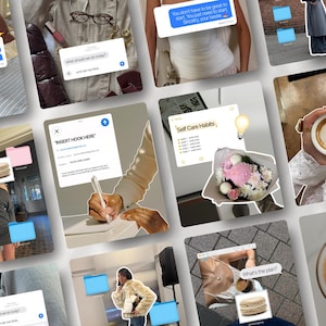 Puede incluir: Un collage de imágenes con varios elementos de estilo de vida. Incluye burbujas de texto con frases como "Consistencia" e "Insertar gancho aquí". Otras imágenes muestran un ramo de flores, una taza de café y un macaron.