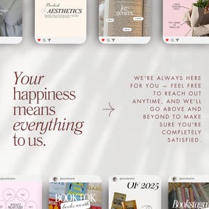 Puede incluir: Imagen promocional con un fondo suave y neutro. El texto "Your happiness means everything to us" se muestra en una fuente elegante. Se muestran varias maquetas de estilo Instagram, con texto como "Bookish Aesthetics" y "Booktok".