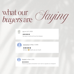 May include: Image featuring customer testimonials with five-star ratings. Text reads "what our buyers are saying" in a burgundy script font. Reviews praise the ease of editing designs and the templates' quality. The background is a soft, neutral color.