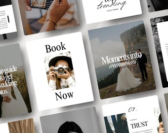 May include: A series of white cards with text and images related to photography. One card reads "Book Now" with a person holding a camera. Another says "Moments into memories" with a wedding couple. Other cards have text like "top trending" and "trust".