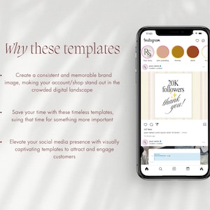 May include: A smartphone displays an Instagram post with a "20K followers thank you!" graphic. The phone is on a light background with text that reads "Why these templates" and describes the benefits of using templates for branding.