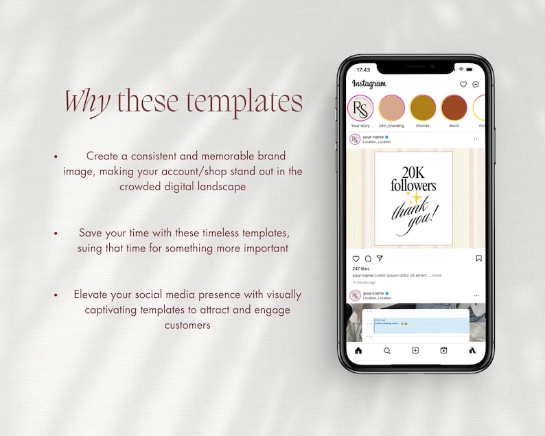 May include: A smartphone displays an Instagram post with a "20K followers thank you!" graphic. The phone is on a light background with text that reads "Why these templates" and describes the benefits of using templates for branding.