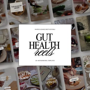 Gut Health Instagram Reels Templates in editable Canva format, featuring vertical 1080px by 1920px layouts. Designed for health coaches, nutritionists, wellness influencers, and diet experts to share educational content, gut-friendly recipes, wellness tips, and lifestyle advice. Fully customizable for video, text, and branding to create professional and engaging Instagram Reels and Stories.