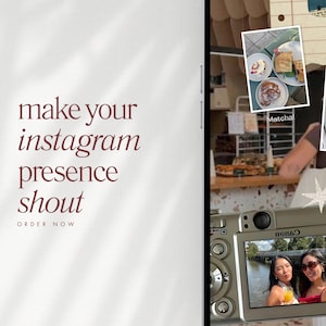 May include: A digital collage with the text "make your instagram presence shout" and "ORDER NOW". The right side features photos of food and drinks, and a camera with a photo of two women. Decorative stars are scattered around the camera.