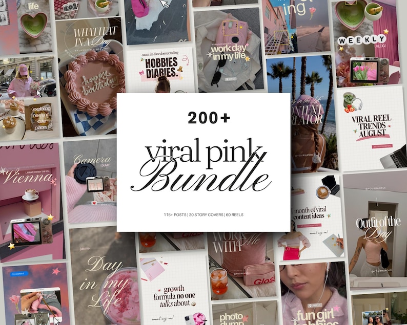 Pink Instagram template bundle for content creators featuring aesthetic scrapbook layouts, Pinterest-inspired designs, trendy iOS styling, and matching Canva posts and reels for personal branding and social media growth.