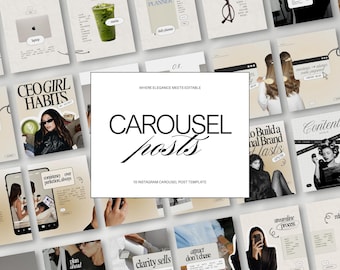 May include: A collection of Instagram carousel post templates with a neutral color palette. The central design features the text "CAROUSEL posts" in a stylish font, with the tagline "Where elegance meets editable."