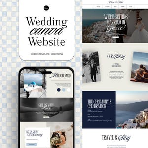 May include: A wedding website template displayed on a smartphone and a computer screen. The template includes sections for the couple's story, ceremony details, and travel information. The design features elegant fonts and images, with the text "Wedding Canva Website".