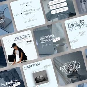 Może przedstawiać: Zbiór szablonów postów w mediach społecznościowych do marketingu i budowania marki. Szablony mają niebiesko-białą kolorystykę z tekstem, który zawiera "Dream Our Website", "Pinterest Marketing", "Consistency Matters", "How to Work with Influencers", "Three Tips for Great Marketing", "Using Hashtags Effectively", "Creating Interactive Instagram Stories" i "Let's Talk Brand".