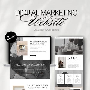 May include: A digital marketing website template displayed on a laptop and a tablet. The website design is minimalist with sections for a free resource, about, and course information. The text includes "Digital Marketing Website" and "Real Results Real Impact."
