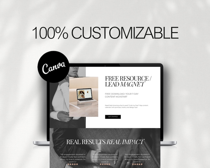 Pu&ograve; includere: Lo schermo di un laptop mostra un sito web con il testo "FREE RESOURCE / LEAD MAGNET" e "100% CUSTOMIZABLE". Un logo Canva nero si trova nell'angolo in alto a sinistra. Il sito web presenta una foto di un laptop e le parole "REAL RESULTS REAL IMPACT".