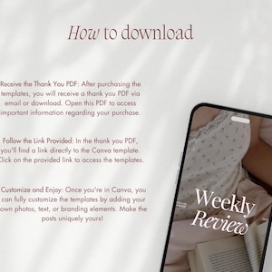Puede incluir: Gr&aacute;fico digital con el texto "C&oacute;mo descargar" e instrucciones para acceder a las plantillas. Un tel&eacute;fono inteligente muestra las palabras "Weekly Review" sobre una persona con una blusa floral.
