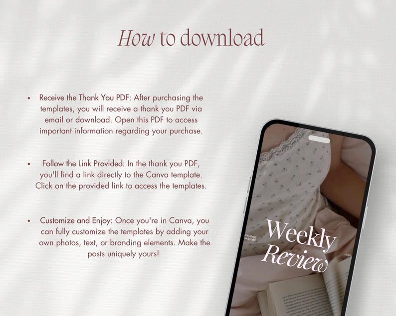 Puede incluir: Gr&aacute;fico digital con el texto "C&oacute;mo descargar" e instrucciones para acceder a las plantillas. Un tel&eacute;fono inteligente muestra las palabras "Weekly Review" sobre una persona con una blusa floral.