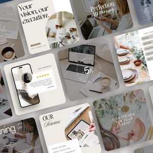 May include: A collection of social media graphics for an event planning business. The graphics feature a variety of images, including a laptop, a table setting, and a person working on a laptop. The graphics also include text such as "Your vision, our execution", "Perfection in planning", "Five themes for your event", and "Tips for events".
