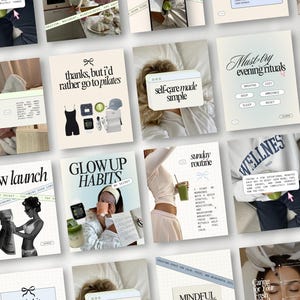 May include: A collection of digital graphics with text and illustrations. The graphics include phrases like "Must-try evening rituals", "Glow Up Habits", and "Sunday Routine". The color palette is soft, with beige, white, and pastel tones.