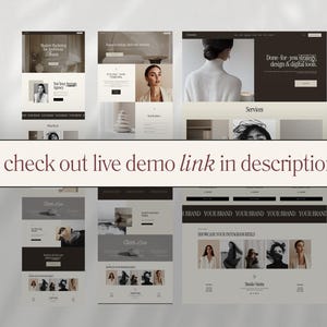 May include: A collection of website design mockups in shades of beige, brown, and black. The designs feature images of women, text, and various layout styles. The phrase "check out live demo link in description" is displayed across the image.
