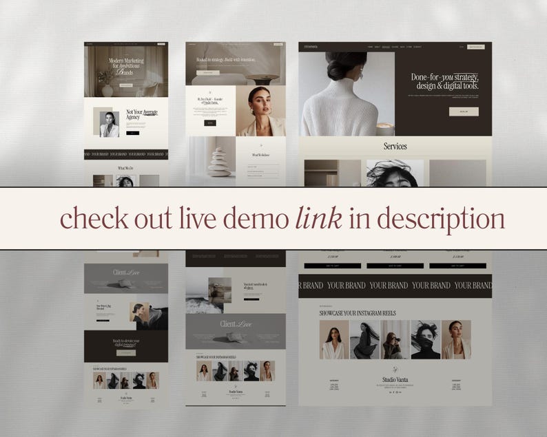 May include: A collection of website design mockups in shades of beige, brown, and black. The designs feature images of women, text, and various layout styles. The phrase "check out live demo link in description" is displayed across the image.