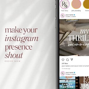May include: A smartphone screen displays an Instagram post with the text "my THRILLER recommendations." The post includes a photo of books and a cork. The screen also shows the text "make your instagram presence shout."