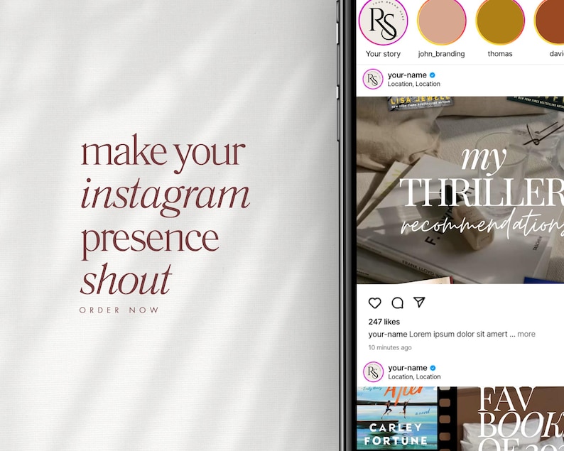 May include: A smartphone screen displays an Instagram post with the text "my THRILLER recommendations." The post includes a photo of books and a cork. The screen also shows the text "make your instagram presence shout."