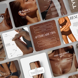 Könnte beinhalten: Eine Sammlung von Social-Media-Grafiken für ein Sonnenstudio. Die Grafiken zeigen verschiedene Bilder, darunter eine Frau im Badeanzug, eine Nahaufnahme der gebräunten Haut und einen Telefonbildschirm mit einer Erinnerung, einen Termin zu buchen. Die Grafiken enthalten auch Text wie "Die 5 wichtigsten Dinge für ein perfektes Bräunen", "Dos & Don'ts", "Kommen Sie vorbereitet", "Nachsorgetipps", "Wie lange hält es an?", "Ergebnis" und "März-Special".