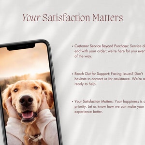 Puede incluir: Un tel&eacute;fono inteligente que muestra una foto de un perro golden retriever con la cabeza sostenida en dos manos. El texto en la pantalla dice "Your Satisfaction Matters" e incluye tres vi&ntilde;etas: "Customer Service Beyond Purchase", "Reach Out for Support" y "Your Satisfaction Matters".