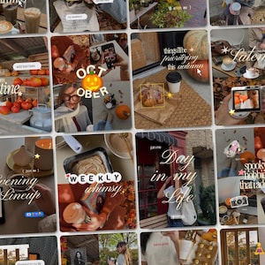 May include: A digital collage of multiple square photographs featuring autumn-themed scenes, including pumpkins, coffee cups, pastries, books, and outdoor foliage, overlaid with white cursive text and graphic icons like stars and pumpkins.