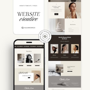 May include: A website template design shown on a smartphone and a tablet. The design uses a neutral colour palette with images and text. The text includes "WEBSITE creative" and "SQUARESPACE". The design is for 7 pages.