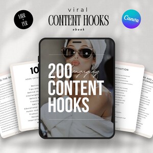 May include: A digital tablet displaying a black and white image of a woman wearing sunglasses and a white robe. The text "200 Engaging Content Hooks" is displayed on the tablet screen. The tablet is on a white surface with three pages of content hooks visible. The pages are titled "Behind-the-Scenes", "Hook Categories", "Motivation", and "Before and After Transformations".