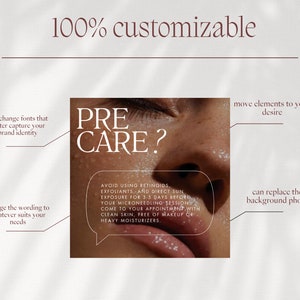 May include: A graphic with a close-up of a person's face with the text "PRE CARE?" in a white box. The text in the white box says "AVOID USING RETINOIDS, EXFOLIANTS, AND DIRECT SUN EXPOSURE FOR 3-5 DAYS BEFORE YOUR MICRONEEDLING SESSIONS. COME TO YOUR APPOINTMENT WITH CLEAN SKIN, FREE OF MAKEUP OR HEAVY MOISTURIZERS."