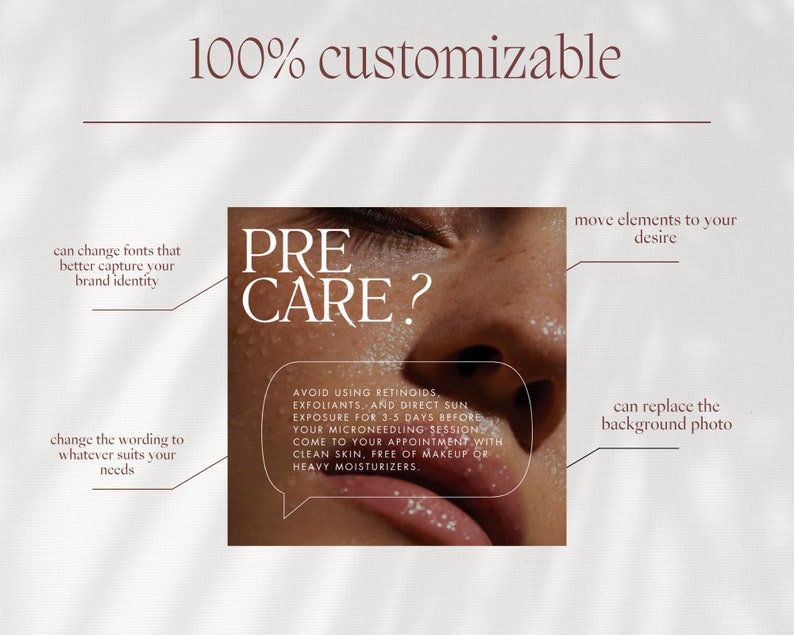May include: A graphic with a close-up of a person's face with the text "PRE CARE?" in a white box. The text in the white box says "AVOID USING RETINOIDS, EXFOLIANTS, AND DIRECT SUN EXPOSURE FOR 3-5 DAYS BEFORE YOUR MICRONEEDLING SESSIONS. COME TO YOUR APPOINTMENT WITH CLEAN SKIN, FREE OF MAKEUP OR HEAVY MOISTURIZERS."
