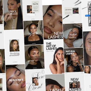 Puede incluir: Un collage de gráficos para redes sociales con retratos de personas con extensiones de pestañas, acompañados de textos superpuestos como The Art of Lashes, Lash Growth, Booking Available y New Lashes, en un diseño limpio y minimalista.