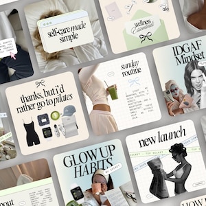 Puede incluir: Un collage de imágenes cuadradas con texto e imágenes de estilo de vida. Las imágenes incluyen texto como "self-care made simple", "thanks, but I'd rather go to pilates" y "new launch". La paleta de colores es neutra con toques de verde.