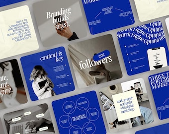 May include: A collection of square graphics with a blue and white color scheme. The graphics feature text such as "Branding builds trust," "content is key," and "20K followers." Other graphics include text about marketing and social media.