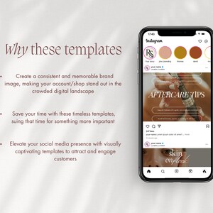 May include: A screenshot of an Instagram post with a pink and white logo for a business called "RS". The post is about skincare tips and features a photo of a hand holding a bottle of serum. The caption reads "AFTERCARE TIPS". The post also includes a photo of a person's face with the text "skin on fleek".