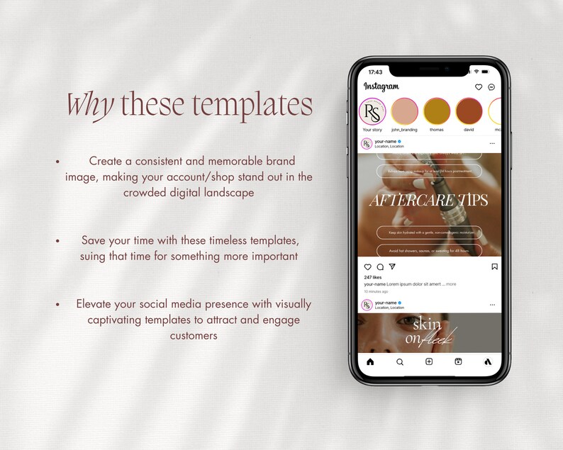 May include: A screenshot of an Instagram post with a pink and white logo for a business called "RS". The post is about skincare tips and features a photo of a hand holding a bottle of serum. The caption reads "AFTERCARE TIPS". The post also includes a photo of a person's face with the text "skin on fleek".
