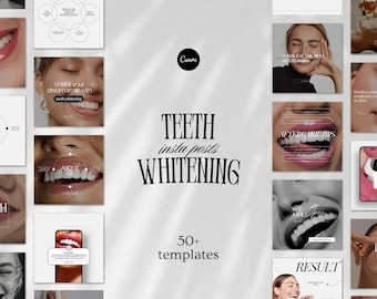 May include: A collection of 50+ Instagram post templates for teeth whitening businesses. The templates feature images of smiling people with white teeth, text overlays, and design elements. The text "TEETH insta posts WHITENING" is displayed in a bold, decorative font.