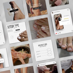 Könnte beinhalten: Eine Sammlung quadratischer Social-Media-Posts mit Bildern von Füßen und Händen, die eine Pediküre erhalten. Die Beiträge enthalten Texte wie "Jetzt buchen", "Nachsorge ist wichtig" und "Pediküre Fakten und mehr". Das Farbschema ist hauptsächlich Weiß und Beige.