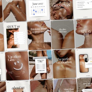 Plantillas de Instagram para bronceado con spray para salones de bronceado, marketing en redes sociales, contenido para negocios de belleza, paquete editable de publicaciones de Canva