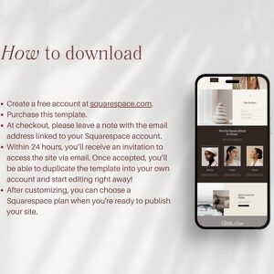May include: A smartphone displays a website template with a neutral color palette. The screen shows a website design with images and text. The text "How to download" is at the top, with bullet points below detailing the download process.