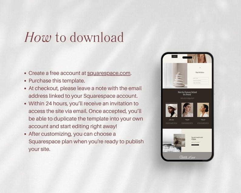 May include: A smartphone displays a website template with a neutral color palette. The screen shows a website design with images and text. The text "How to download" is at the top, with bullet points below detailing the download process.