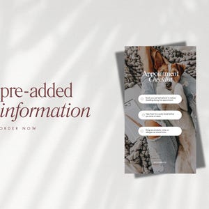 May include: A digital image features a dog resting on a person's lap, with an "Appointment Checklist" overlay. The checklist includes prompts to brush the pet, take a potty break, and bring any products or charges. The words "pre-added information" and "order now" are also visible.