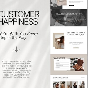 Pu&ograve; includere: Layout di progettazione di siti Web con il testo "CUSTOMER HAPPINESS" e "We're With You Every Step of the Way." Il design include sezioni con il testo "REAL RESULTS REAL IMPACT" e "LET'S ELEVATE YOUR ONLINE PRESENCE."