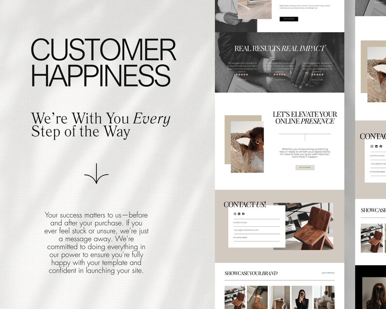 Pu&ograve; includere: Layout di progettazione di siti Web con il testo "CUSTOMER HAPPINESS" e "We're With You Every Step of the Way." Il design include sezioni con il testo "REAL RESULTS REAL IMPACT" e "LET'S ELEVATE YOUR ONLINE PRESENCE."