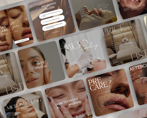 Microneedling Instagram Post Templates, Esthetician Social Media, Facial Treatment Template, Skincare, Med Spa, Microneedling Canva Posts